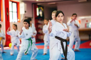 little girl training during a karate class