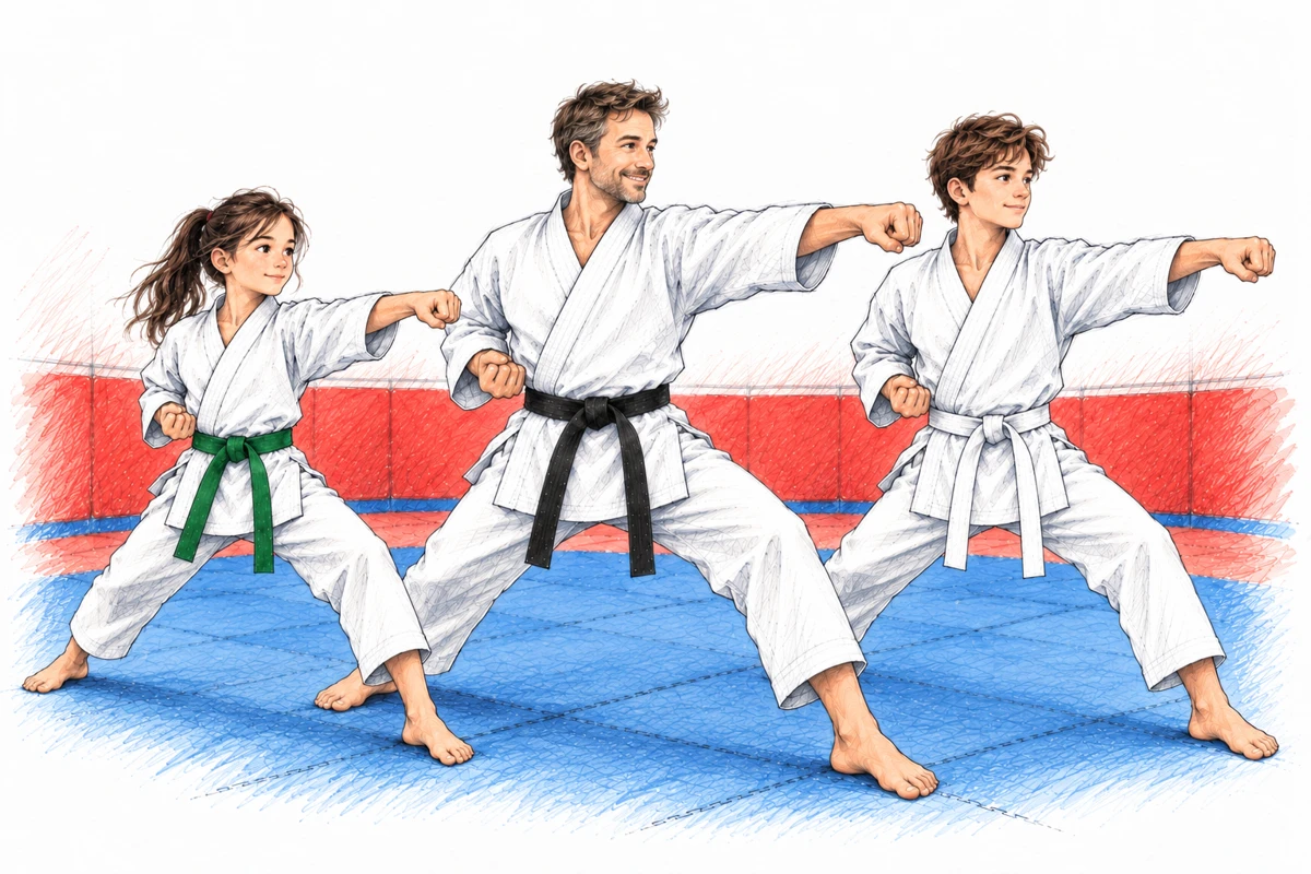 Un professeur de karaté et deux élèves s’entraînent sur le tatami, dessin au crayon.