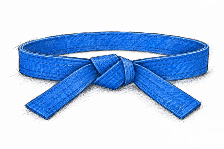 Ceinture de karaté bleue nouée, dessin au graphite et aux crayons de couleur.