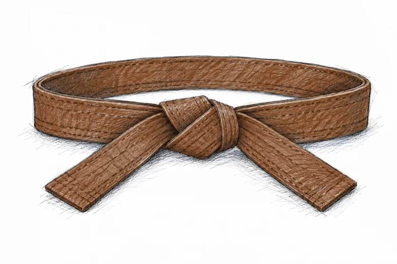 Ceinture de karaté marron nouée, dessin au graphite et aux crayons de couleur.
