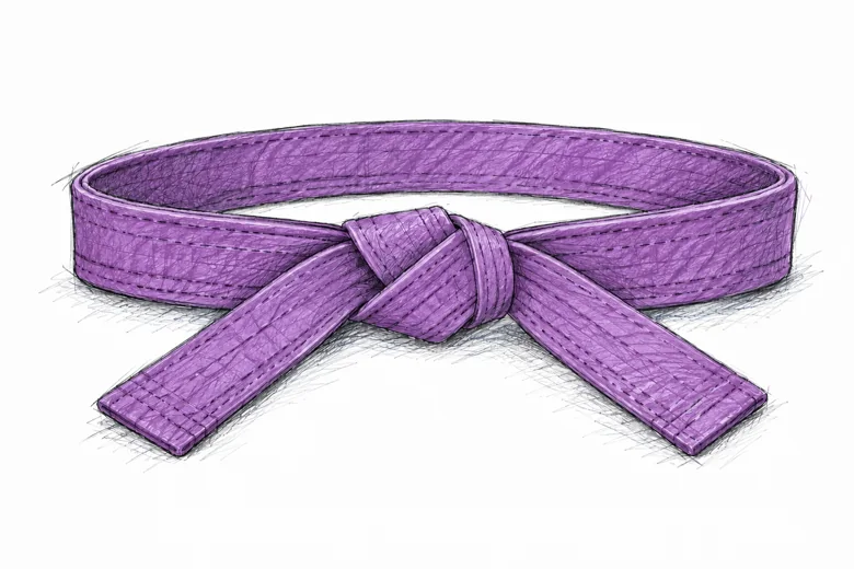 Ceinture de karaté mauve nouée, dessin au graphite et aux crayons de couleur.