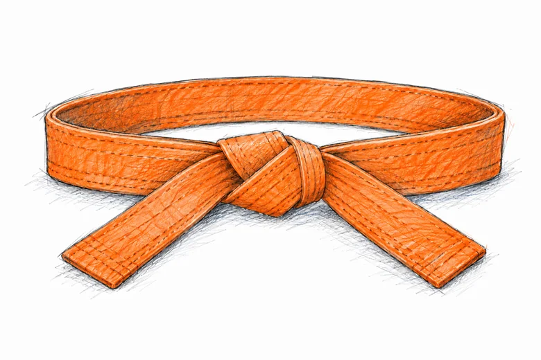 Ceinture de karaté orange nouée, dessin au graphite et aux crayons de couleur.
