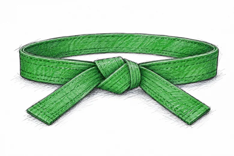 Ceinture de karaté verte nouée, dessin au graphite et aux crayons de couleur.