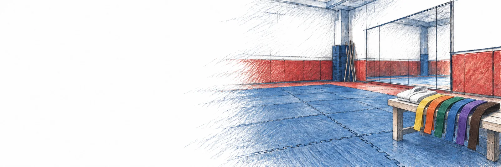 Six ceintures de karaté disposées sur un banc dans un dojo aux tatamis bleus, illustration au crayon.
