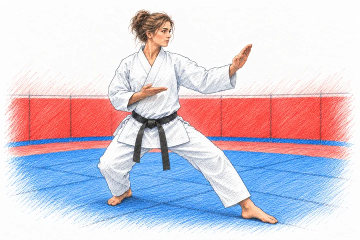 Une karatéka en position kokutsu avec shuto-uke dans le dojo, illustration au crayon.