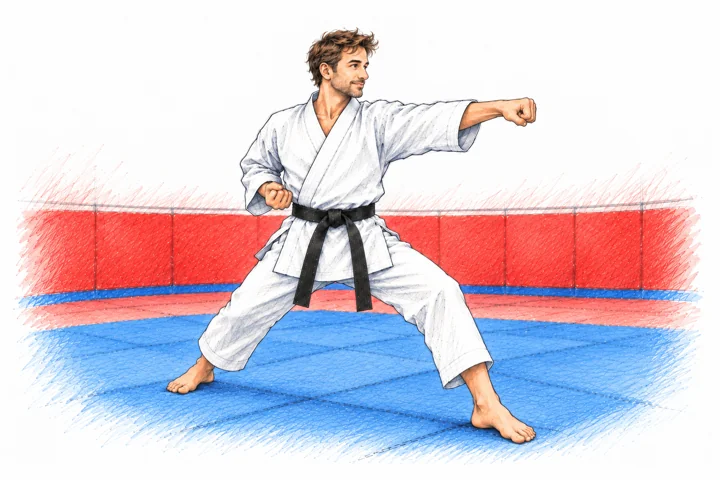 Un karatéka pratiquant un coup de poing de base au dojo, illustration au crayon.