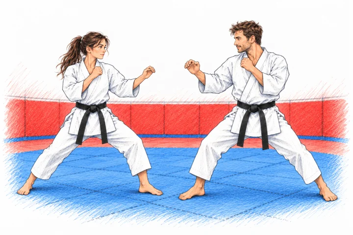 Deux karatékas en garde face à face dans le dojo, illustration au crayon.