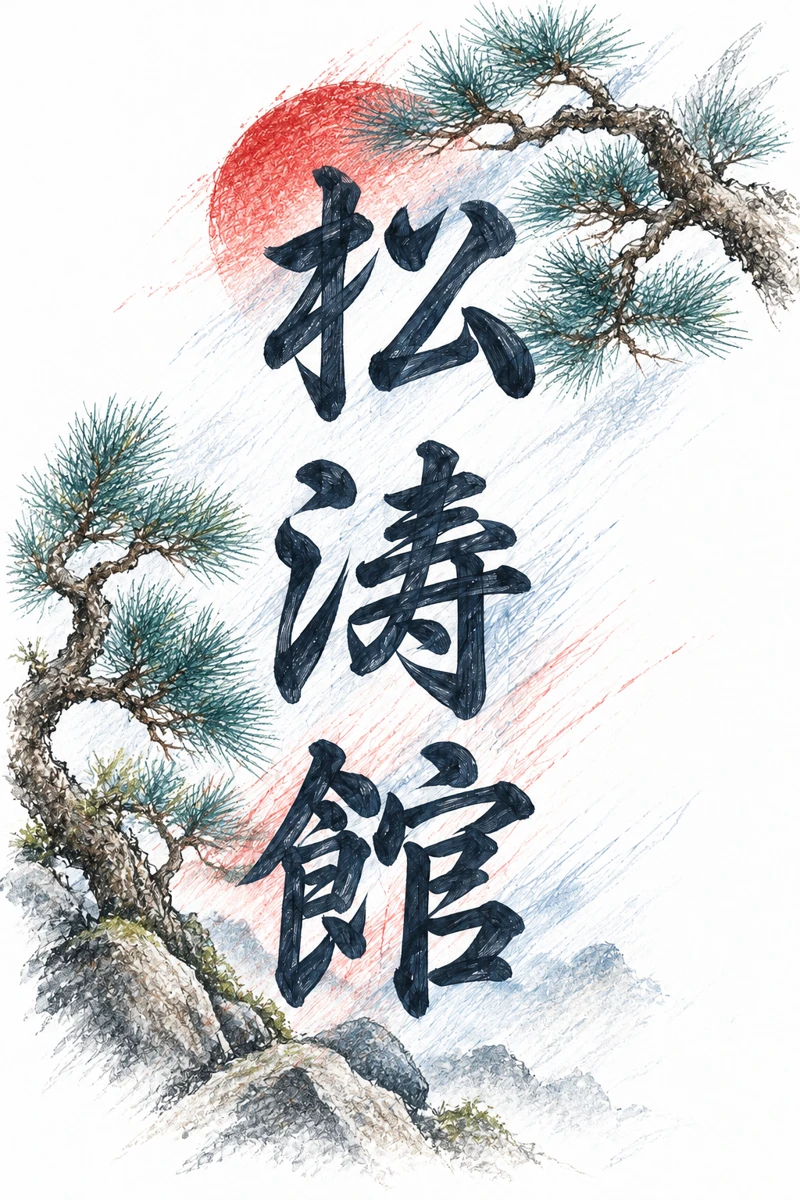 Calligraphie japonaise 松濤館 entourée de pins et d'un soleil rouge, dessin au crayon