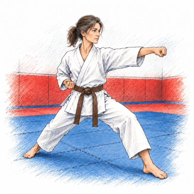 Pratiquante adulte avec une ceinture marron, dessin au crayon